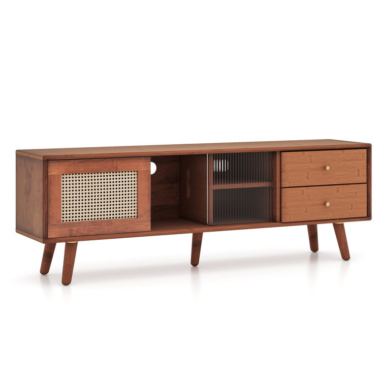 TV stand with rattan and glass doors, two drawers, and adjustable shelf for stylish living room storage.