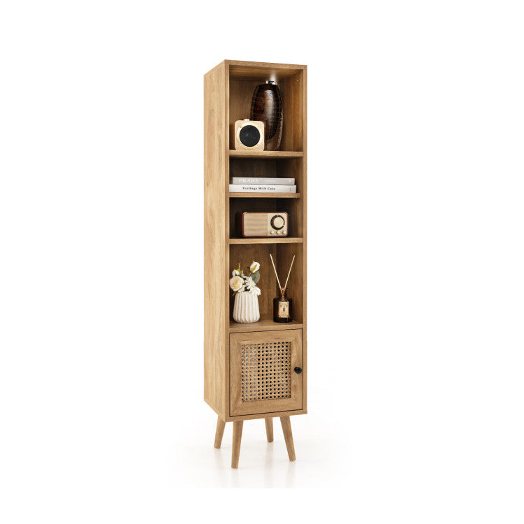 Tall storage cabinet with rattan door and wooden frame, featuring shelves for decor and books, ideal for living room.
