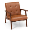 Accent chair with brown faux leather upholstery and wooden frame, designed for comfort and relaxation in living rooms.