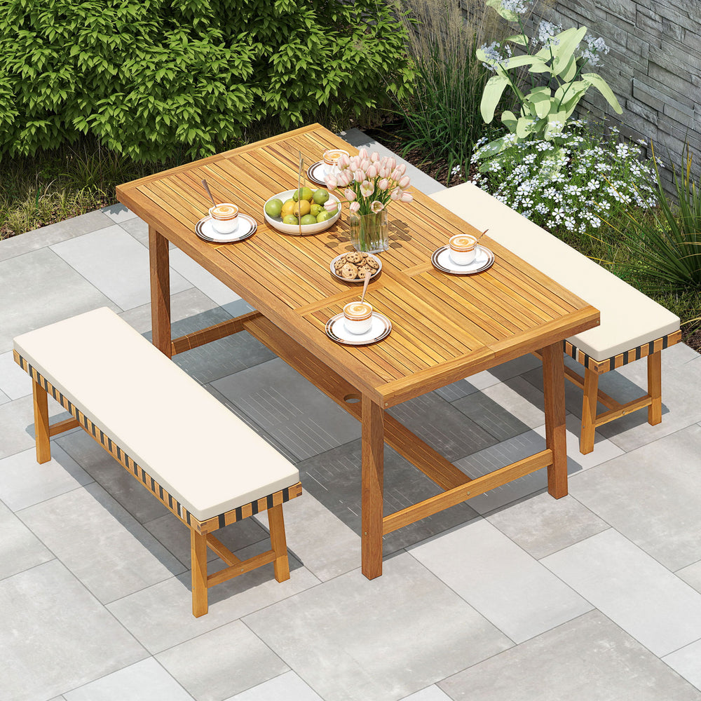Rectangular acacia wood patio dining set for 4, featuring 2 benches and cushions, perfect for outdoor gatherings.