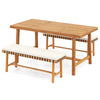 3-piece patio dining set featuring a solid acacia wood table and two benches with padded cushions, perfect for outdoor.