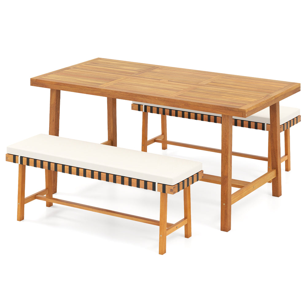 3-piece patio dining set featuring a solid acacia wood table and two benches with padded cushions, perfect for outdoor.