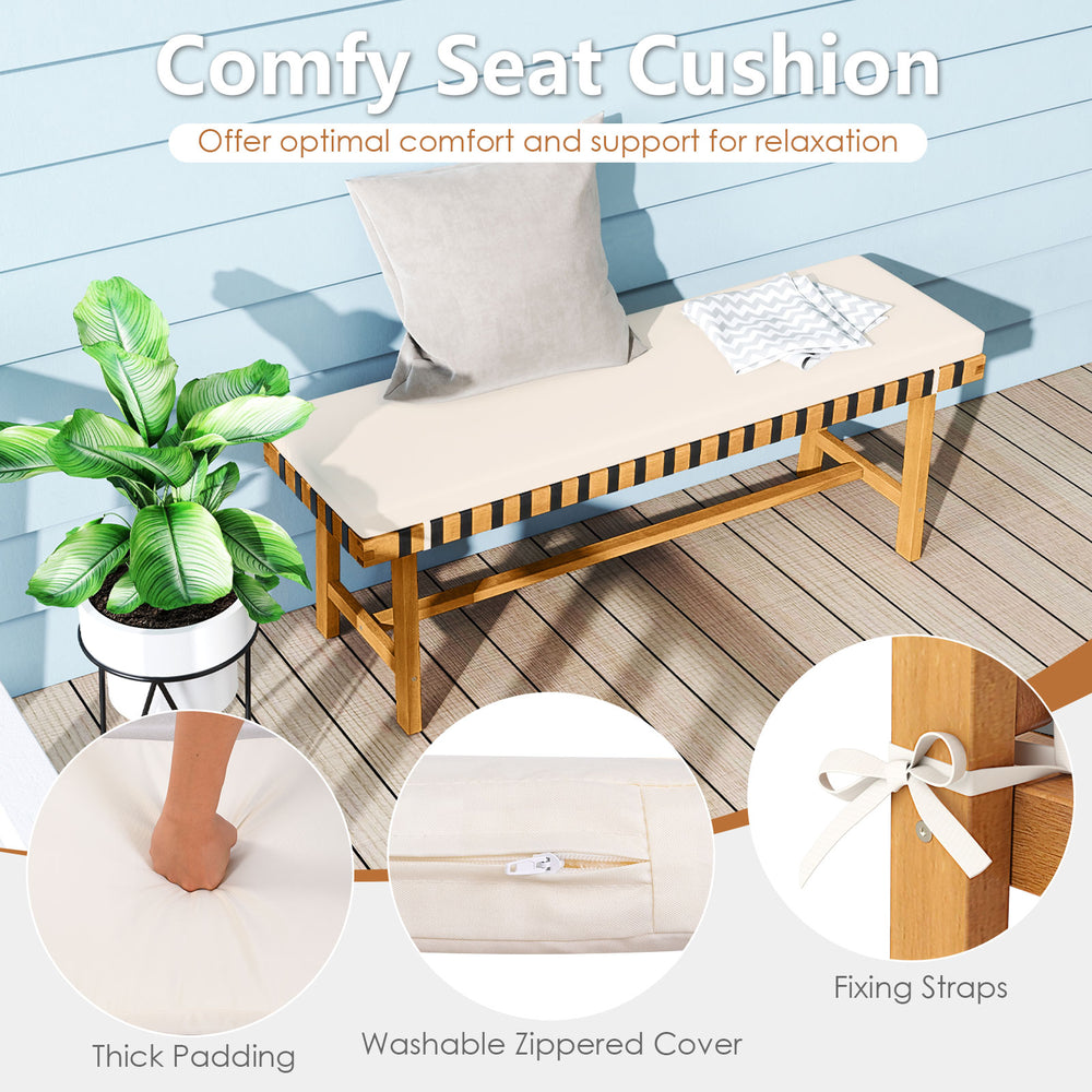 Rectangular table and two benches from a 3-piece patio dining set, featuring thick padded cushions for outdoor comfort.