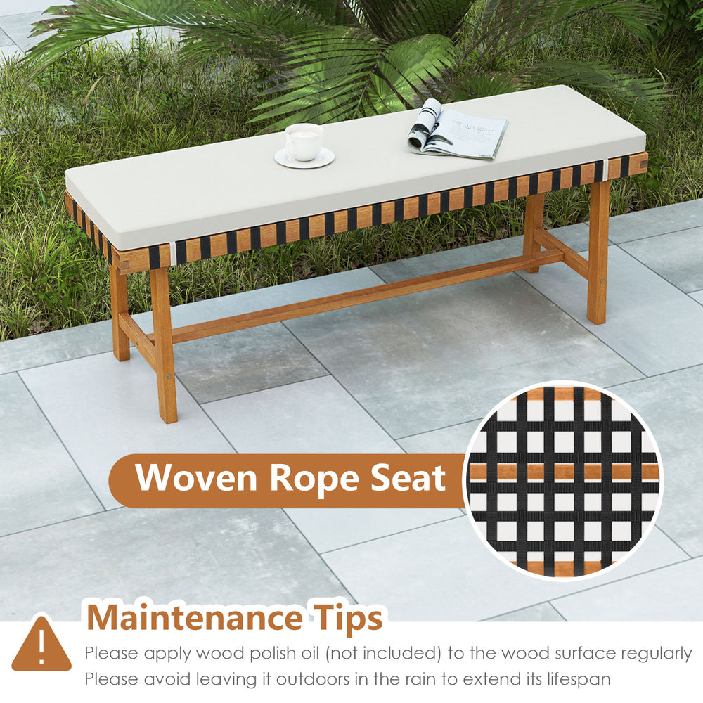 Rectangular table from a 3-piece patio dining set, featuring woven rope seats and solid acacia wood for outdoor.