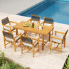 7-piece patio dining set featuring a solid acacia wood table and 6 armchairs with woven rope seats, perfect for outdoor.