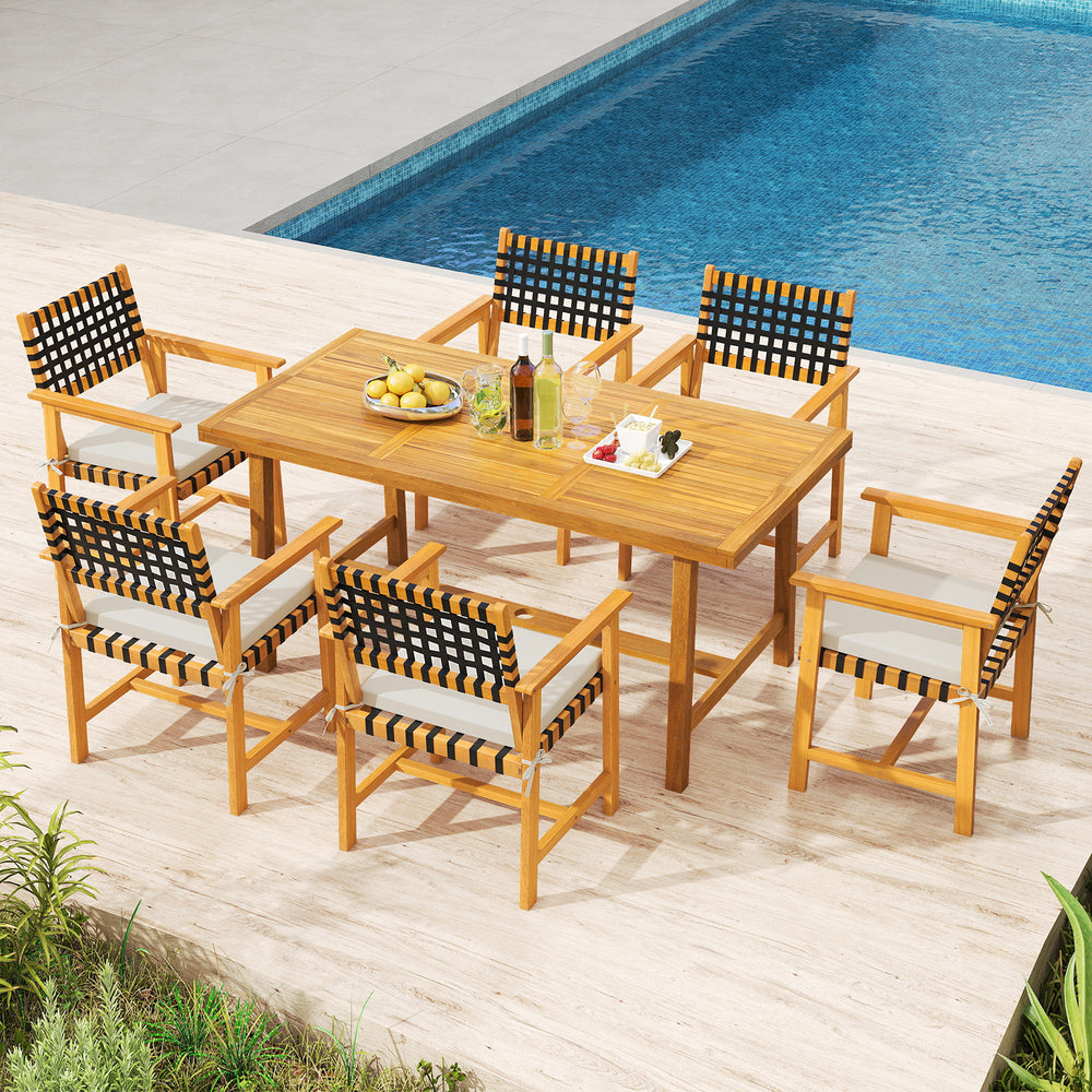 7-piece patio dining set featuring a solid acacia wood table and 6 armchairs with woven rope seats, perfect for outdoor.