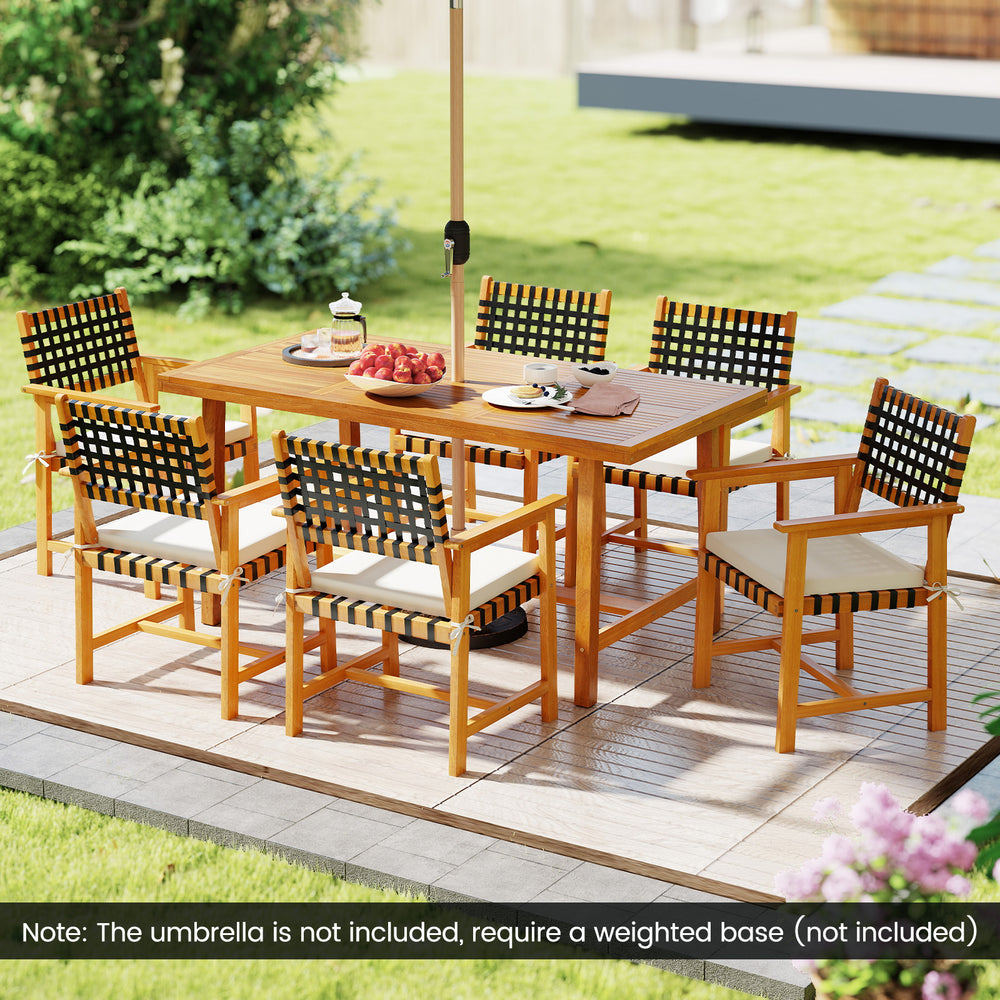 7-piece patio dining set with solid acacia wood table and 6 armchairs, perfect for outdoor gatherings and relaxation.