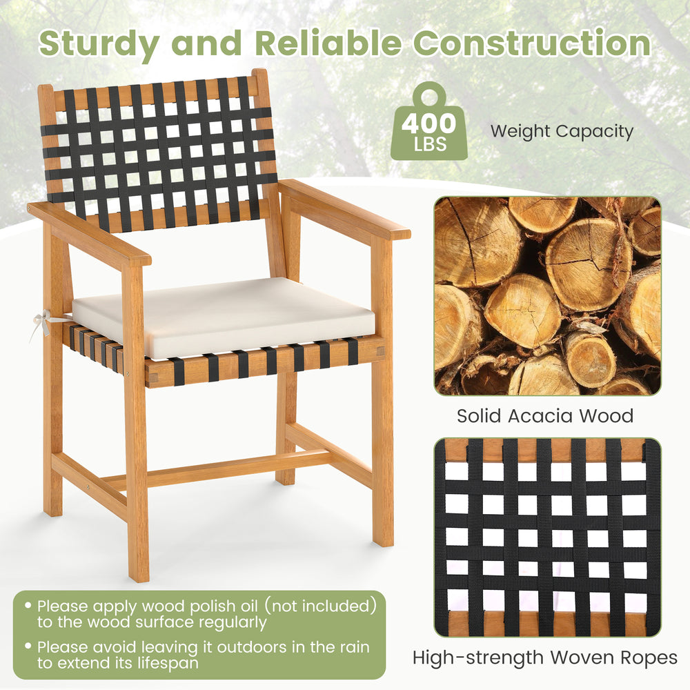 Armchair from a 7-piece patio dining set, crafted from solid acacia wood with woven rope seat, ideal for outdoor.