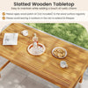 Slatted wooden tabletop of a 7-piece patio dining set, crafted from solid acacia wood, ideal for outdoor gatherings.