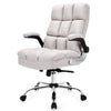 High-back linen executive chair with ergonomic support and chrome base, perfect for compact home office setups.