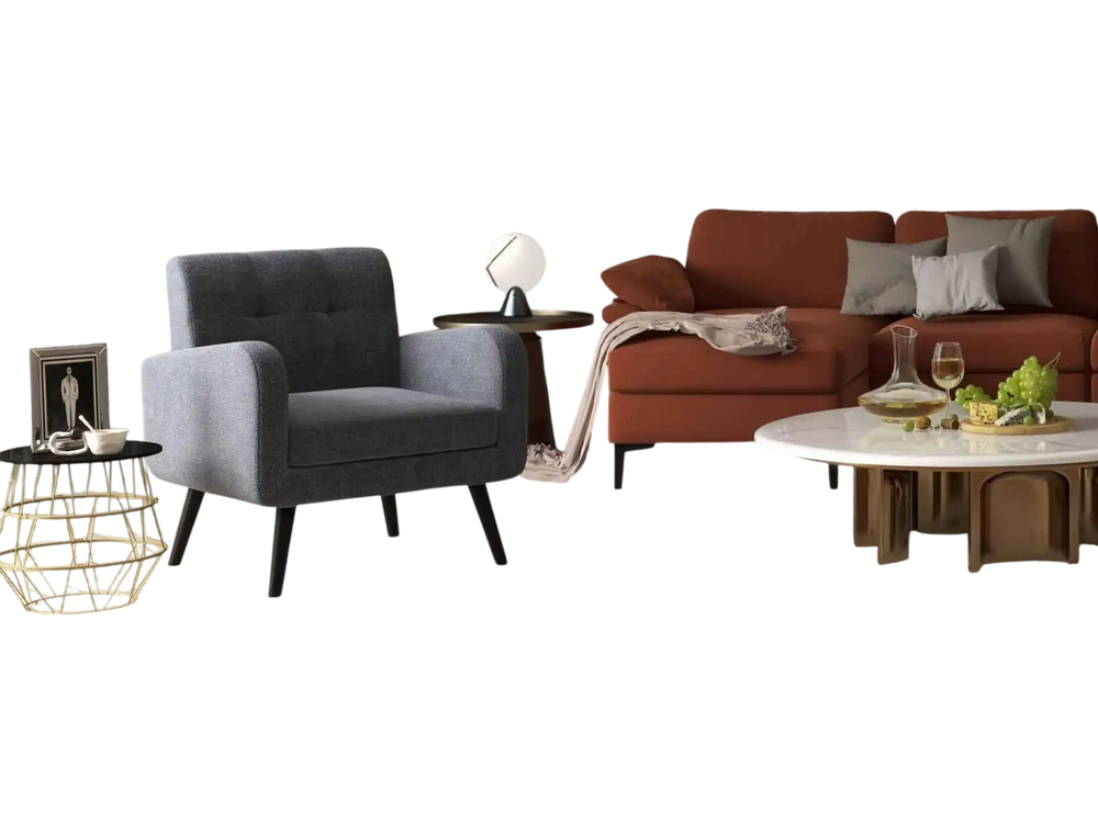 Accent Chair + Side Table + L-Shaped Sectional Sofa /3-Piece Modern Living Room Furniture Set/