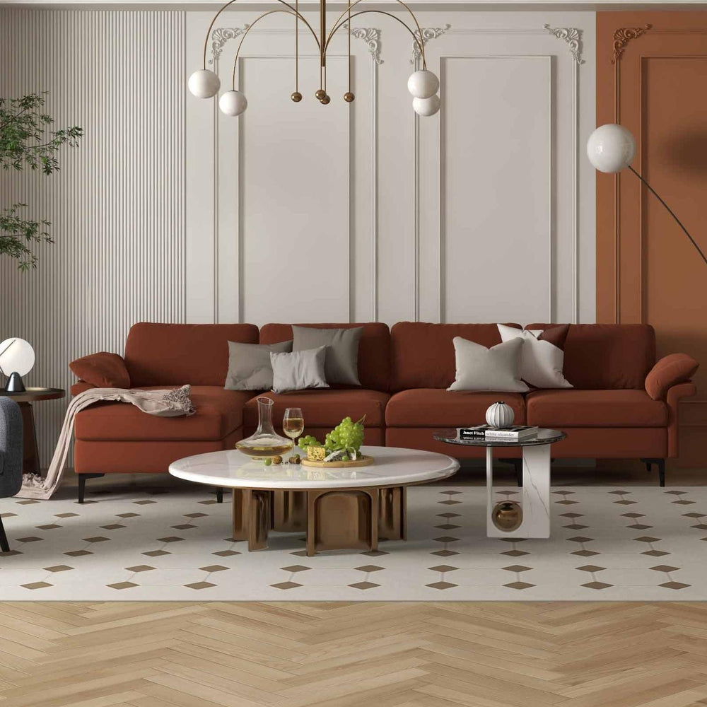 L-shaped sectional sofa with accent chair and round side table, featuring faux marble top and USB ports for modern.