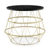 Round side table with faux marble top and gold metal frame, featuring hidden storage for modern living room use.