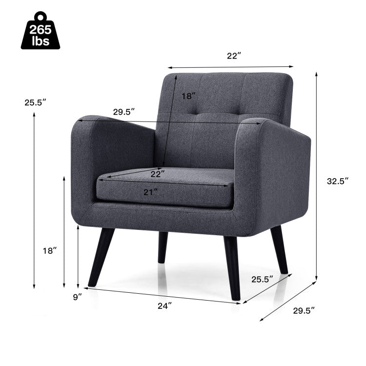Upholstered accent chair with soft sponge cushion, ergonomic backrest, and solid rubberwood legs for modern living.