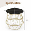Round faux marble side table with gold metal frame, featuring removable top for hidden storage, 16" diameter, 15".