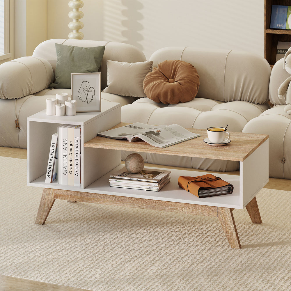 43-inch white coffee table with stepped tabletop and open storage compartments, perfect for living room organization.
