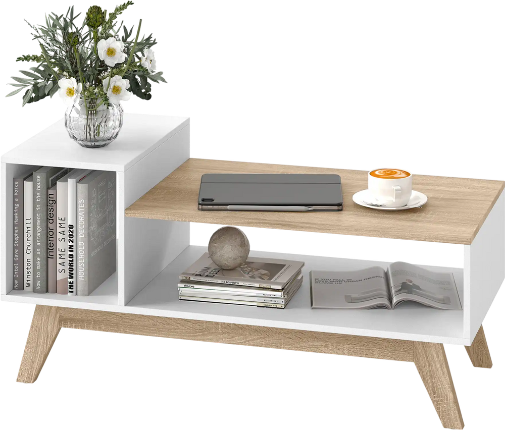 43-inch white coffee table with stepped tabletop and open storage compartments, perfect for living room or study use.