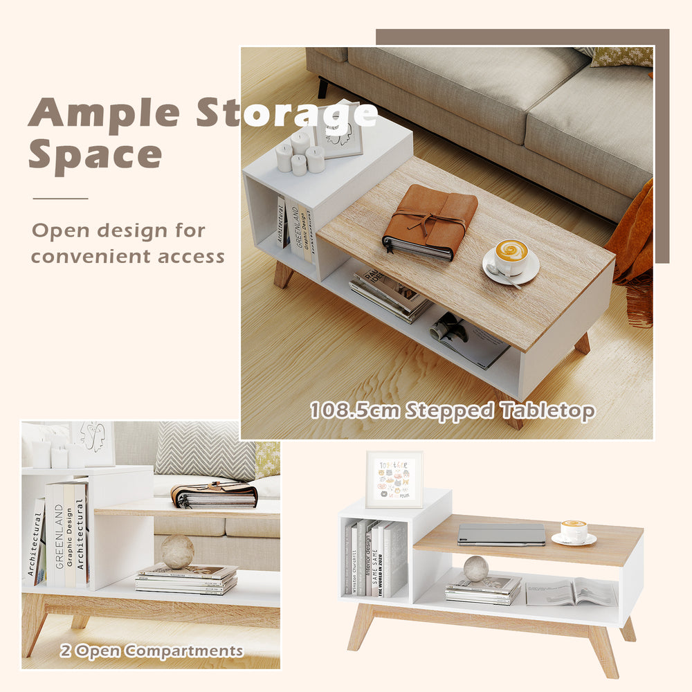 43-inch coffee table with stepped tabletop and 2 open compartments for convenient storage in white finish.