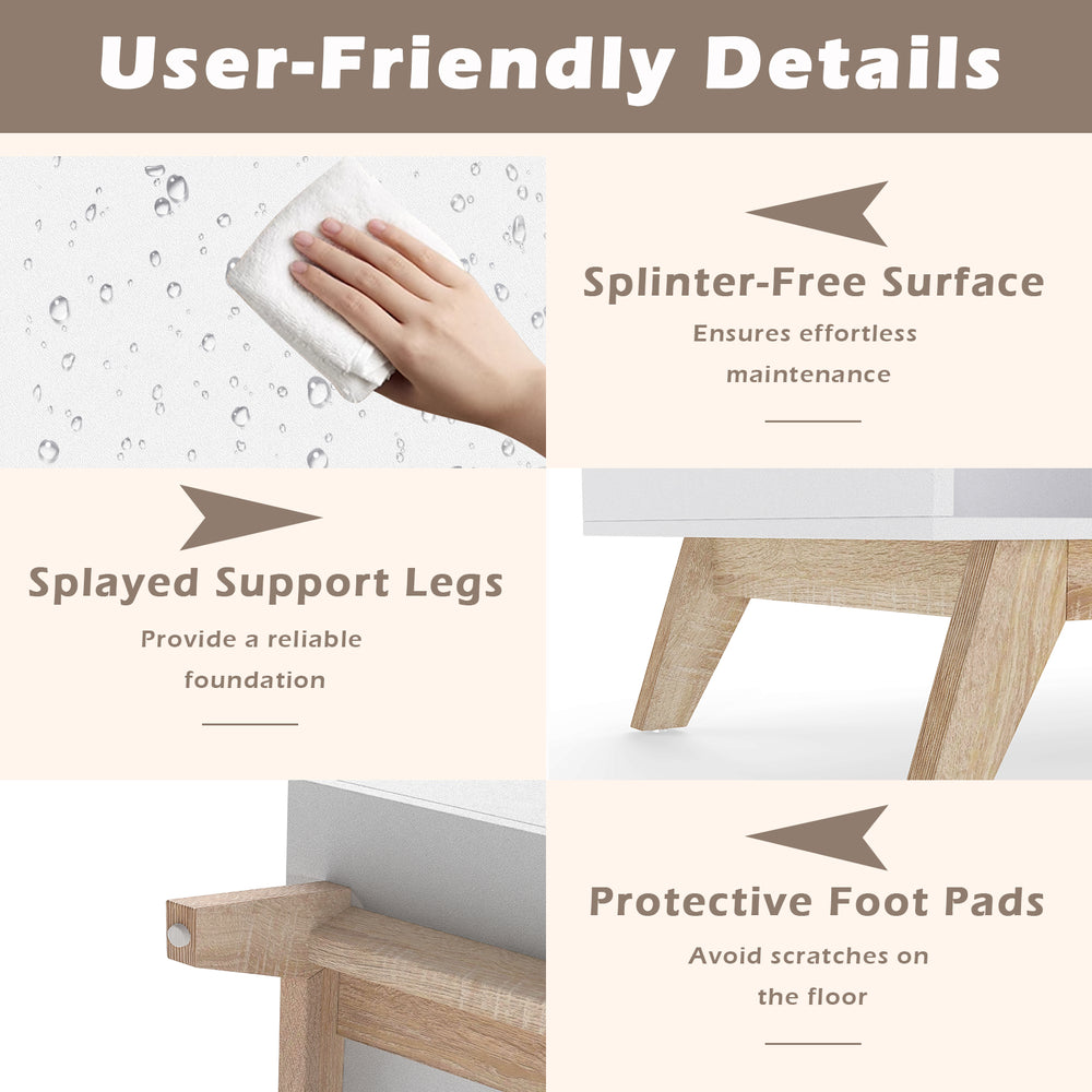 Splayed support legs and splinter-free surface of a 43" white coffee table with storage compartments for easy.