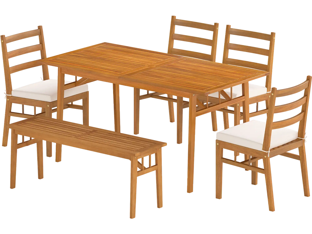 6 Pieces Patio Acacia Wood Dining Set with Bench Rectangular Table and Chairs
