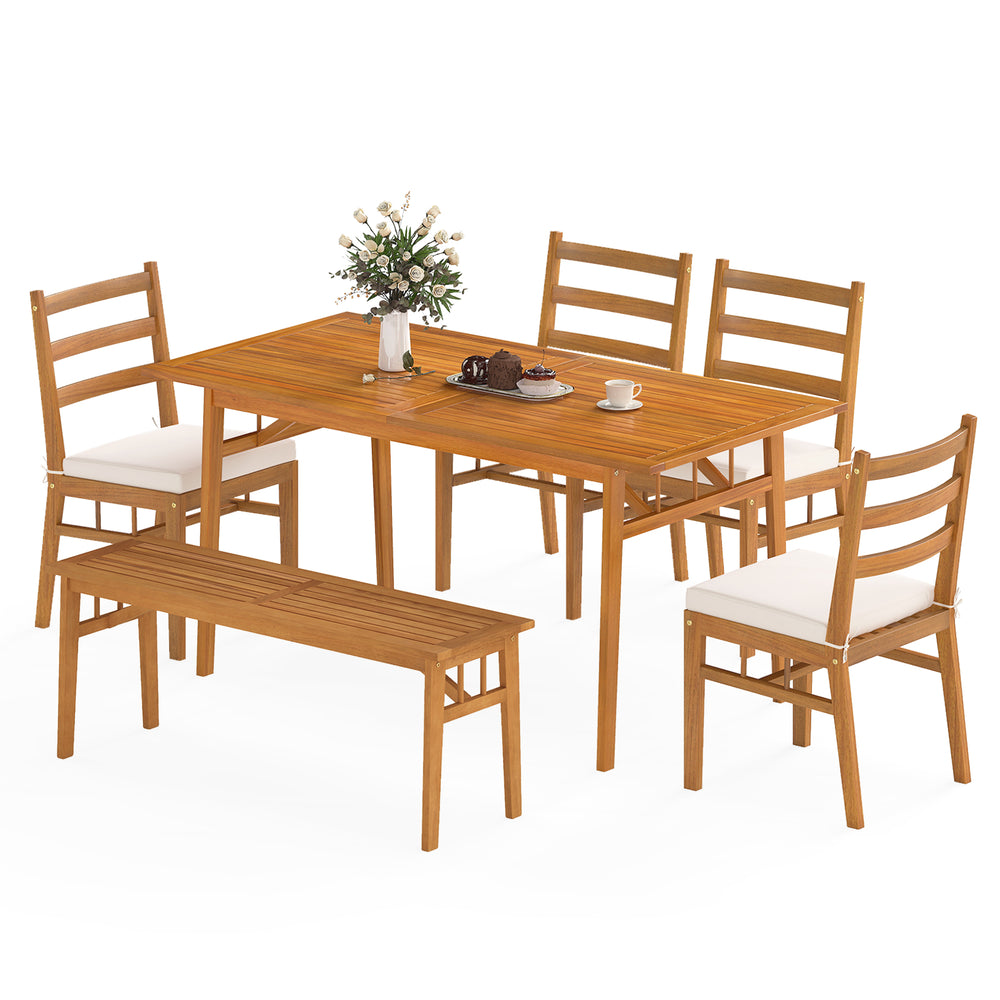 Rectangular acacia wood dining set with cushioned chairs and bench, perfect for patio or garden gatherings.