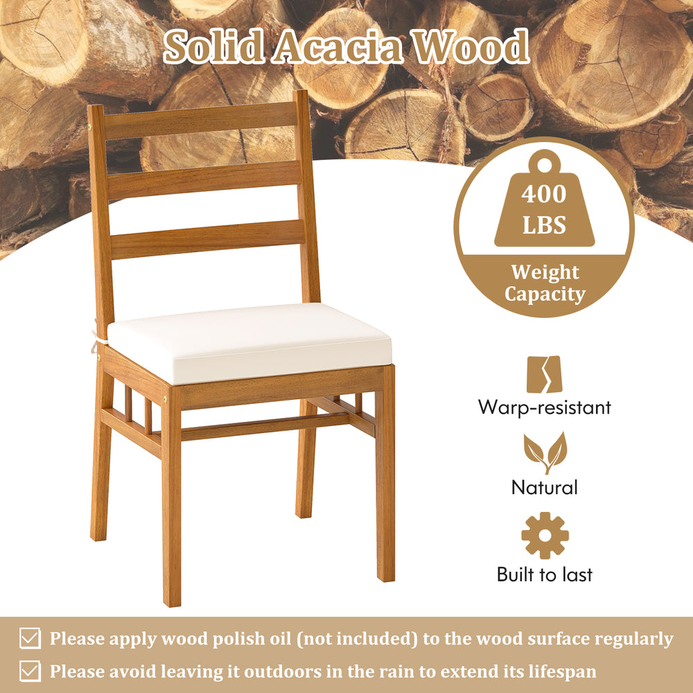 Single acacia wood dining chair with cushioned seat, supports 400 lbs, perfect for patio or garden use.