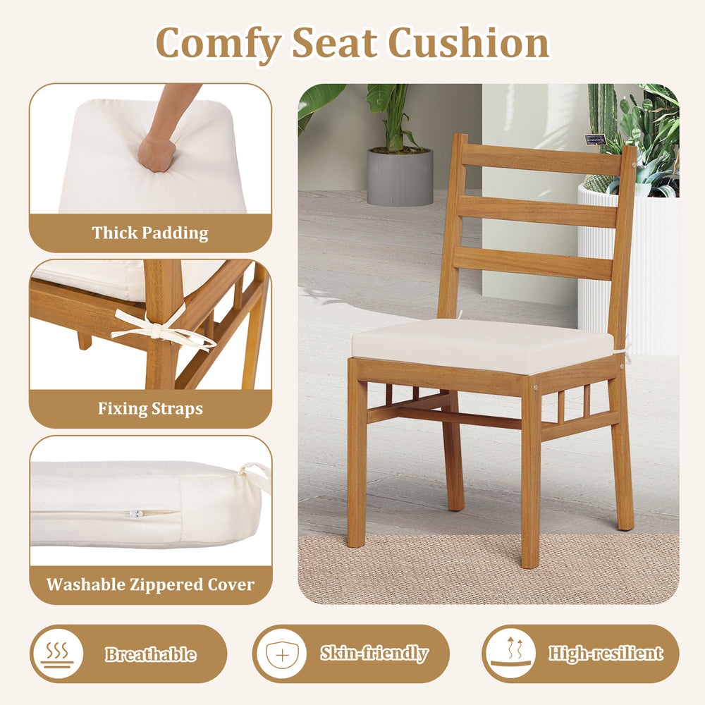Cushioned seat cushion with fixing straps for 6-piece acacia wood patio dining set, ideal for outdoor comfort.
