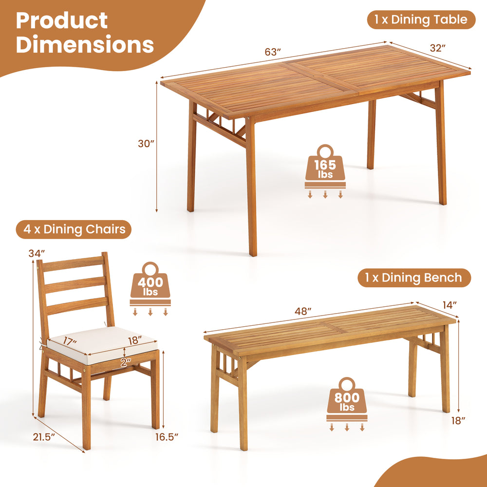Rectangular dining table with 4 chairs and a bench, made of acacia wood, perfect for patio and outdoor dining.
