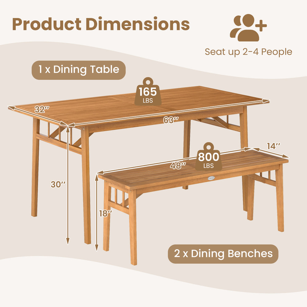 Dimensions of the 3-piece patio dining set featuring an acacia wood table and two benches for outdoor use.