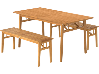 Costway 3-Pc Acacia Wood Outdoor Patio Dining Set Table & 2 Benches 37222323 New
