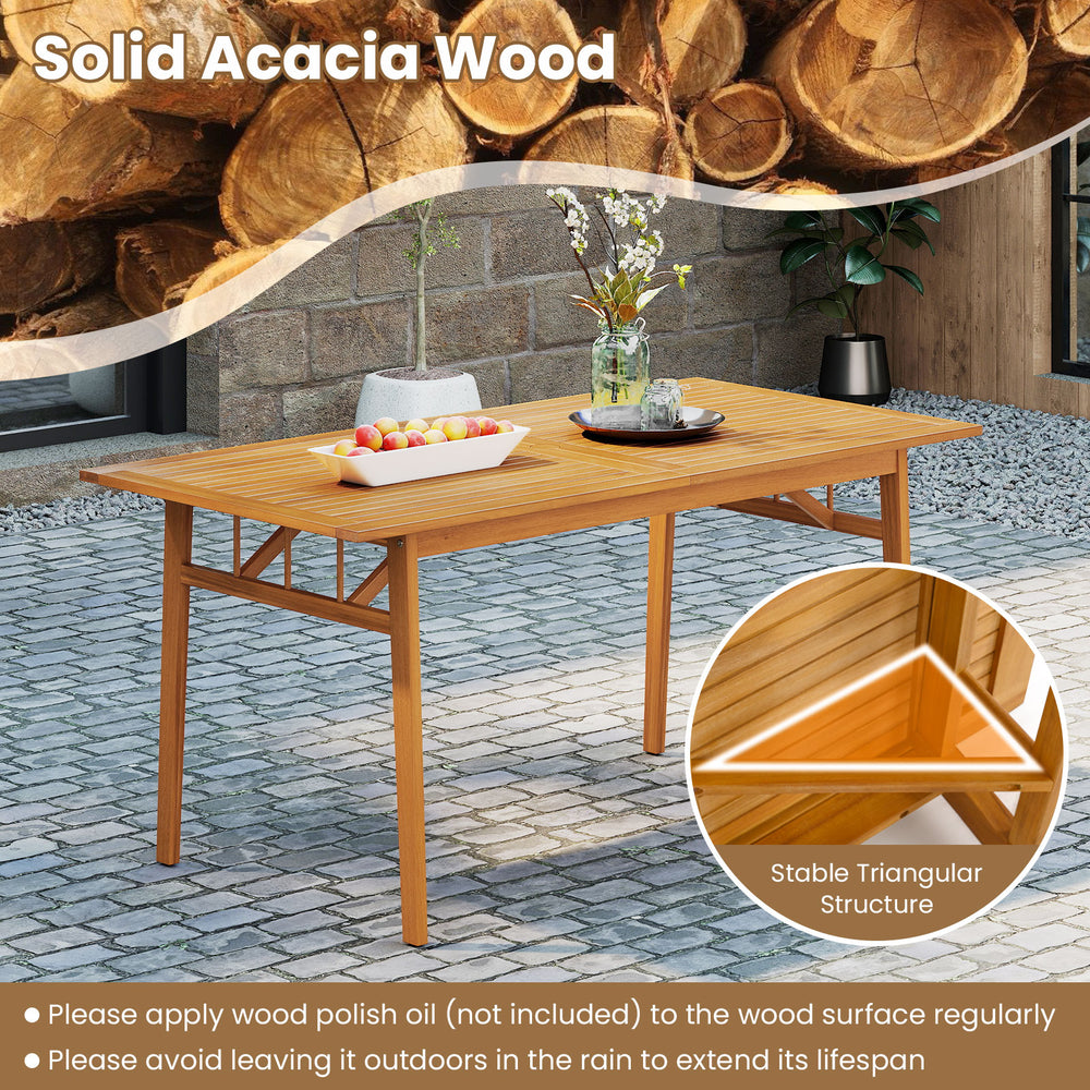 Rectangular acacia wood dining table with stable triangular structure, perfect for outdoor patio gatherings.
