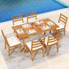 7-piece patio acacia wood dining set with cushioned chairs, perfect for outdoor dining by the poolside.