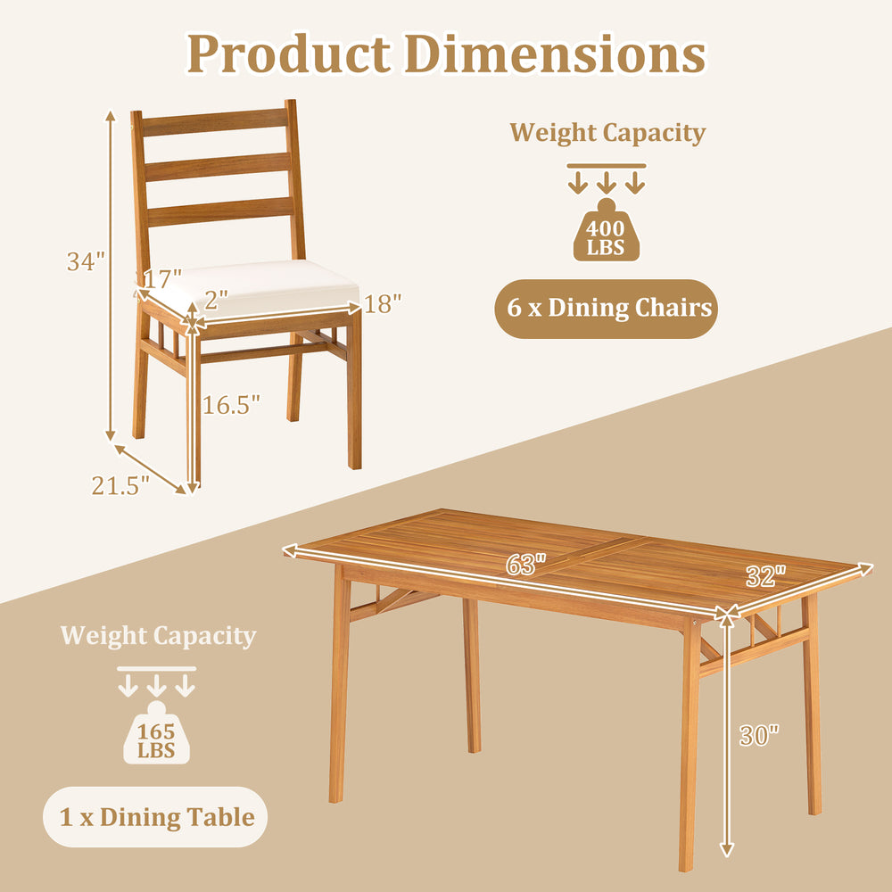 Product dimensions showing a 7-piece acacia wood dining set with a rectangular table and cushioned chairs for outdoor.
