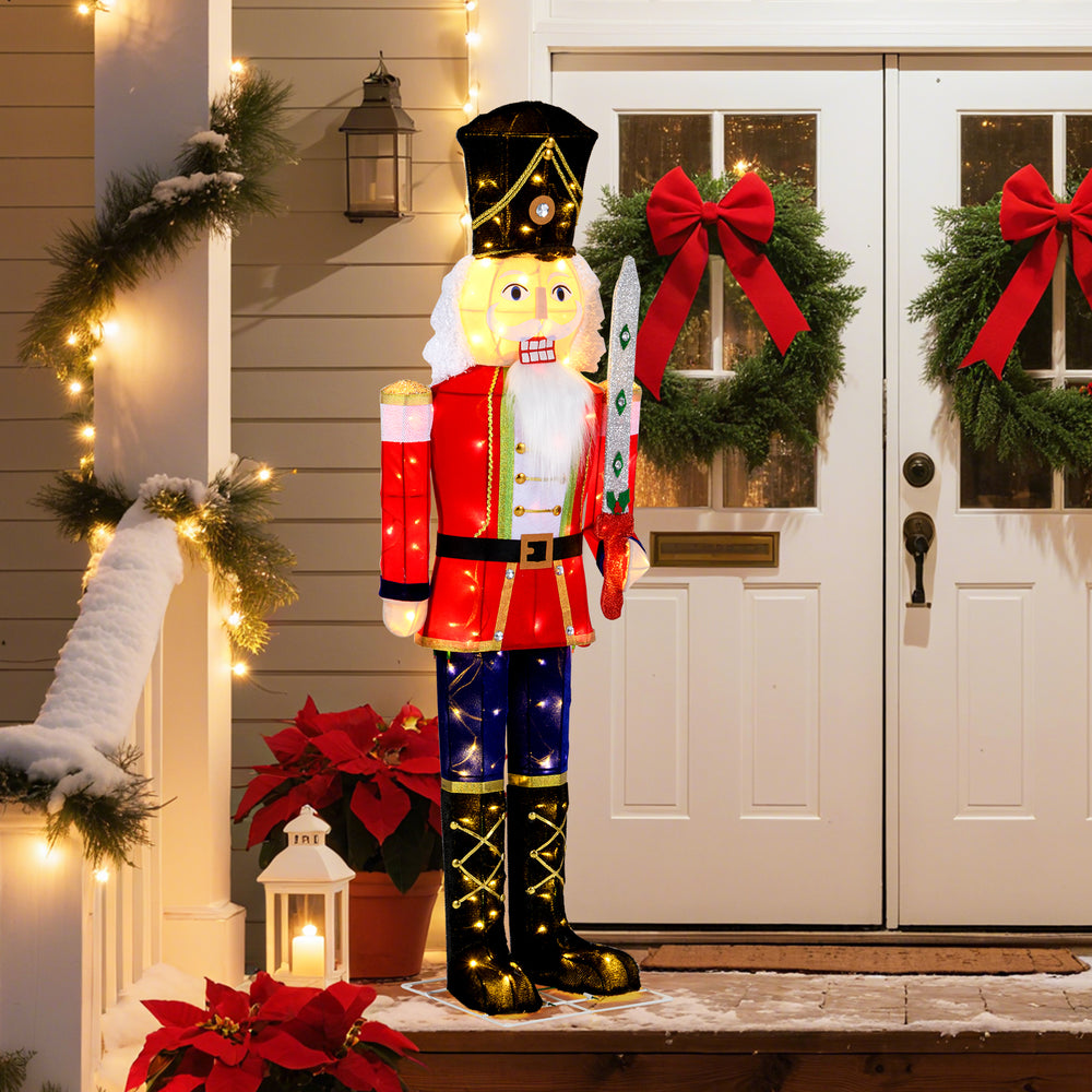 5 FT Christmas nutcracker decoration with glitter sword, illuminated by 100 warm-white LED lights for festive outdoor.