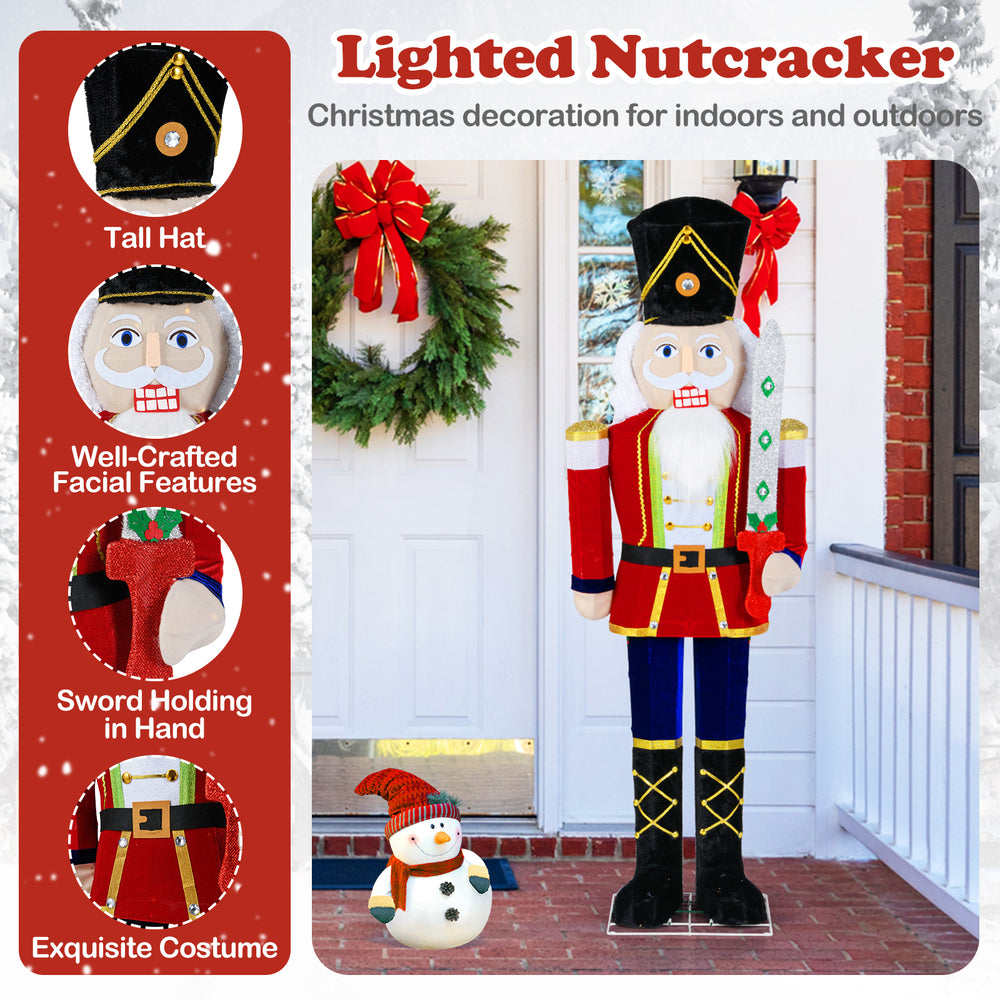 5 FT lighted Christmas nutcracker decoration with glitter sword, tall hat, and waterproof fabric for indoor and outdoor.