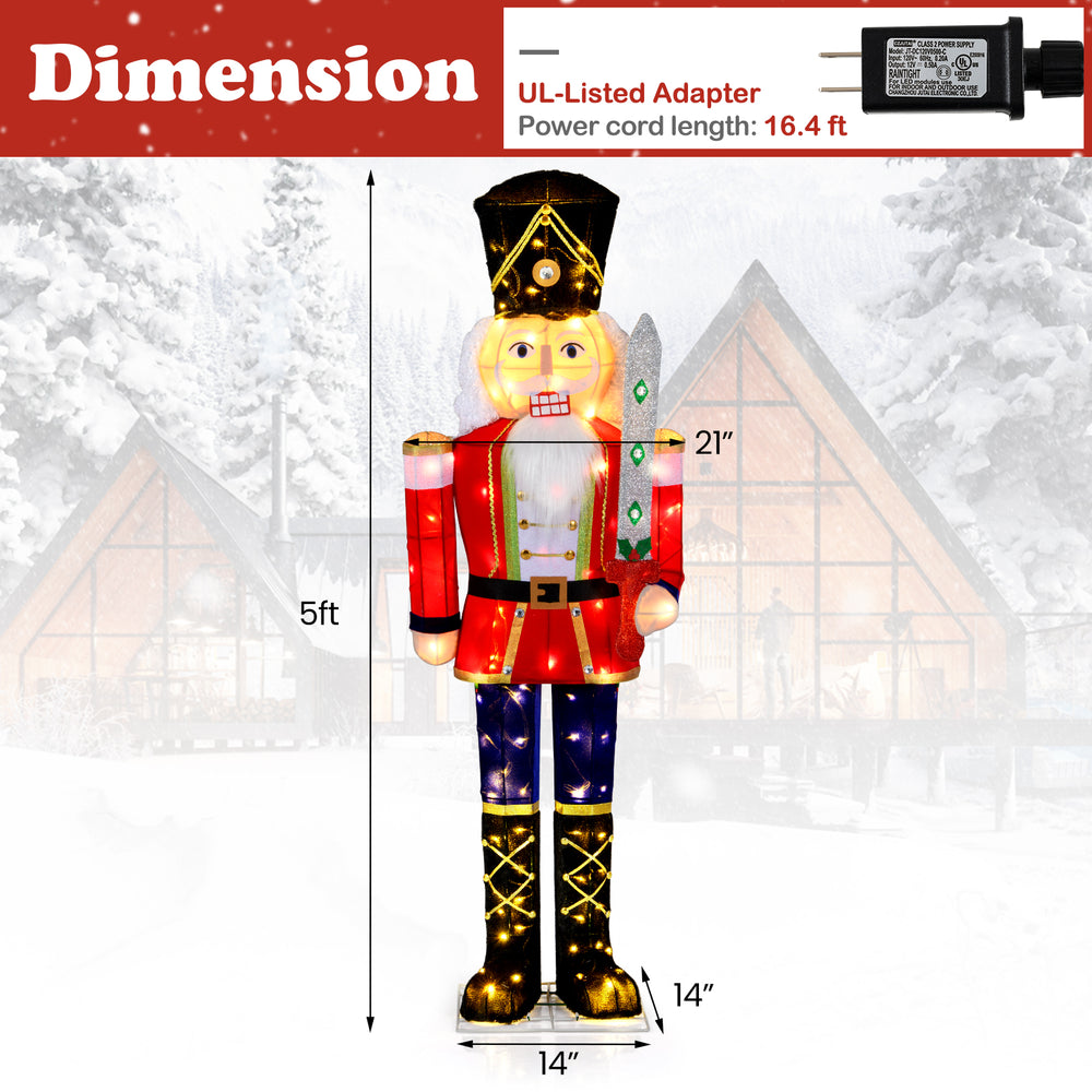 5 FT Christmas Nutcracker decoration with glitter sword, 100 warm-white LED lights, ideal for outdoor holiday displays.