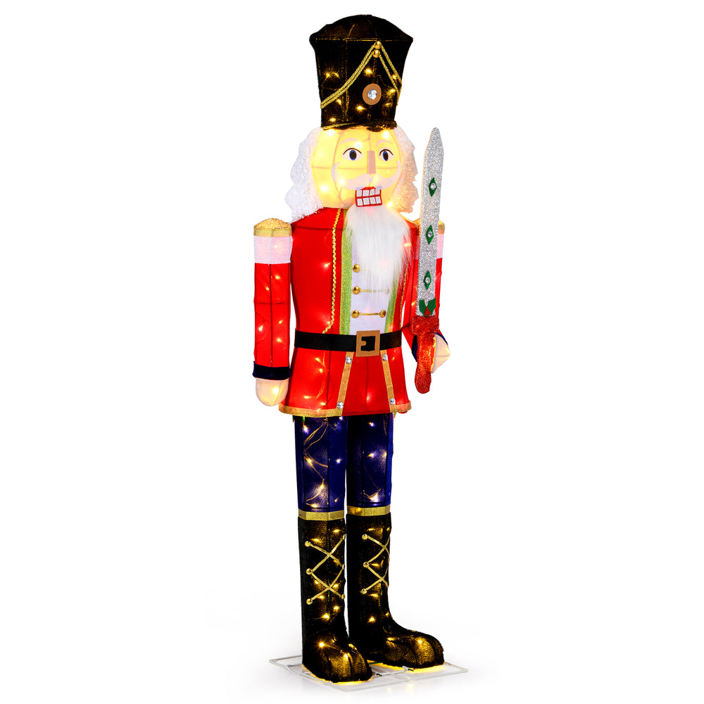 5 FT Christmas nutcracker decoration with glitter sword, 100 warm-white LED lights, perfect for outdoor holiday.