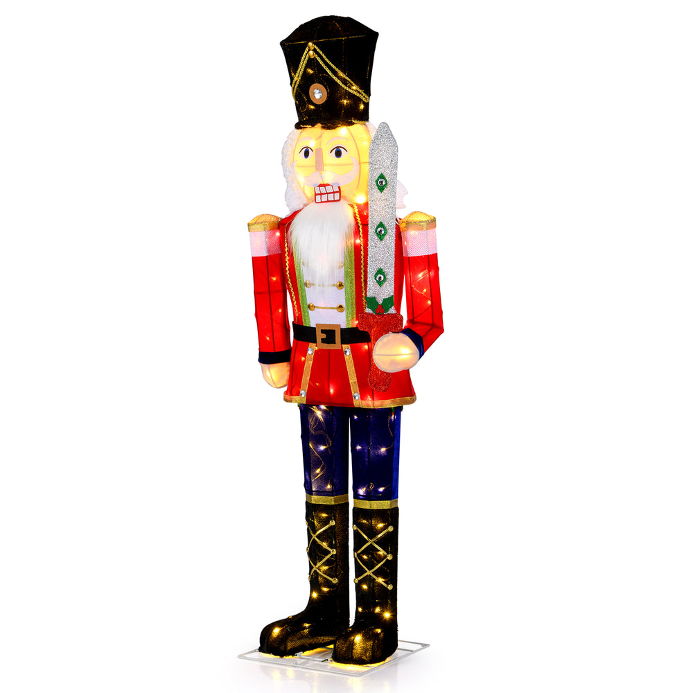 5 FT Christmas Nutcracker decoration showcasing a glitter sword and tall hat, designed for sturdy outdoor holiday.