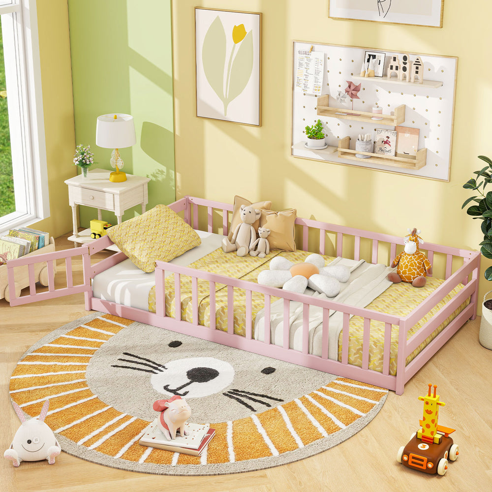 Twin Size Montessori Floor Bed Frame with Full Length Safety Guardrails-Pink - Gallery View 1 of 10