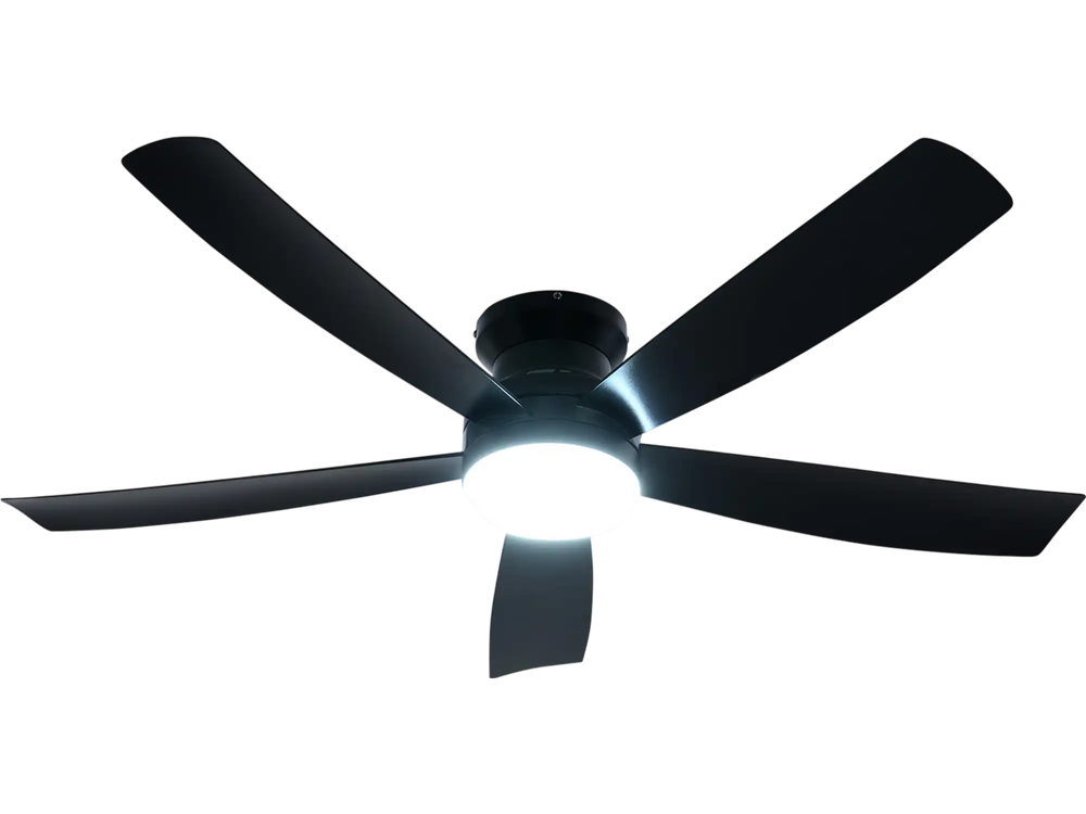 52-inch black ceiling fan with lights and remote control, featuring 6 speeds and a flush mount design for indoor use.