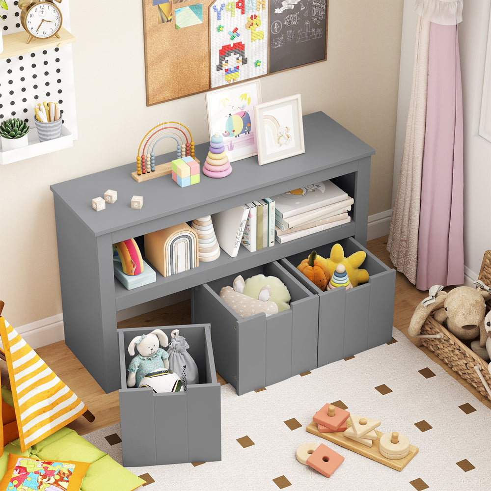 Gray kid toy storage cabinet with three sliding drawers and large storage cubes, perfect for organizing toys and books.