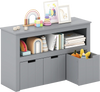 Gray kid toy storage cabinet with three drawers on wheels and large storage cube, perfect for organizing toys and books.