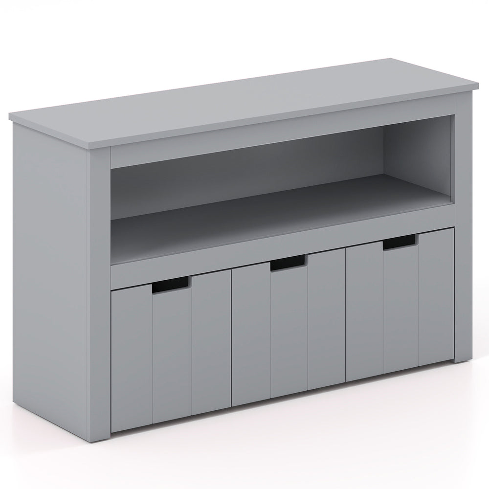 Gray kid toy storage cabinet with three drawers on wheels and large storage space for organizing toys and items.