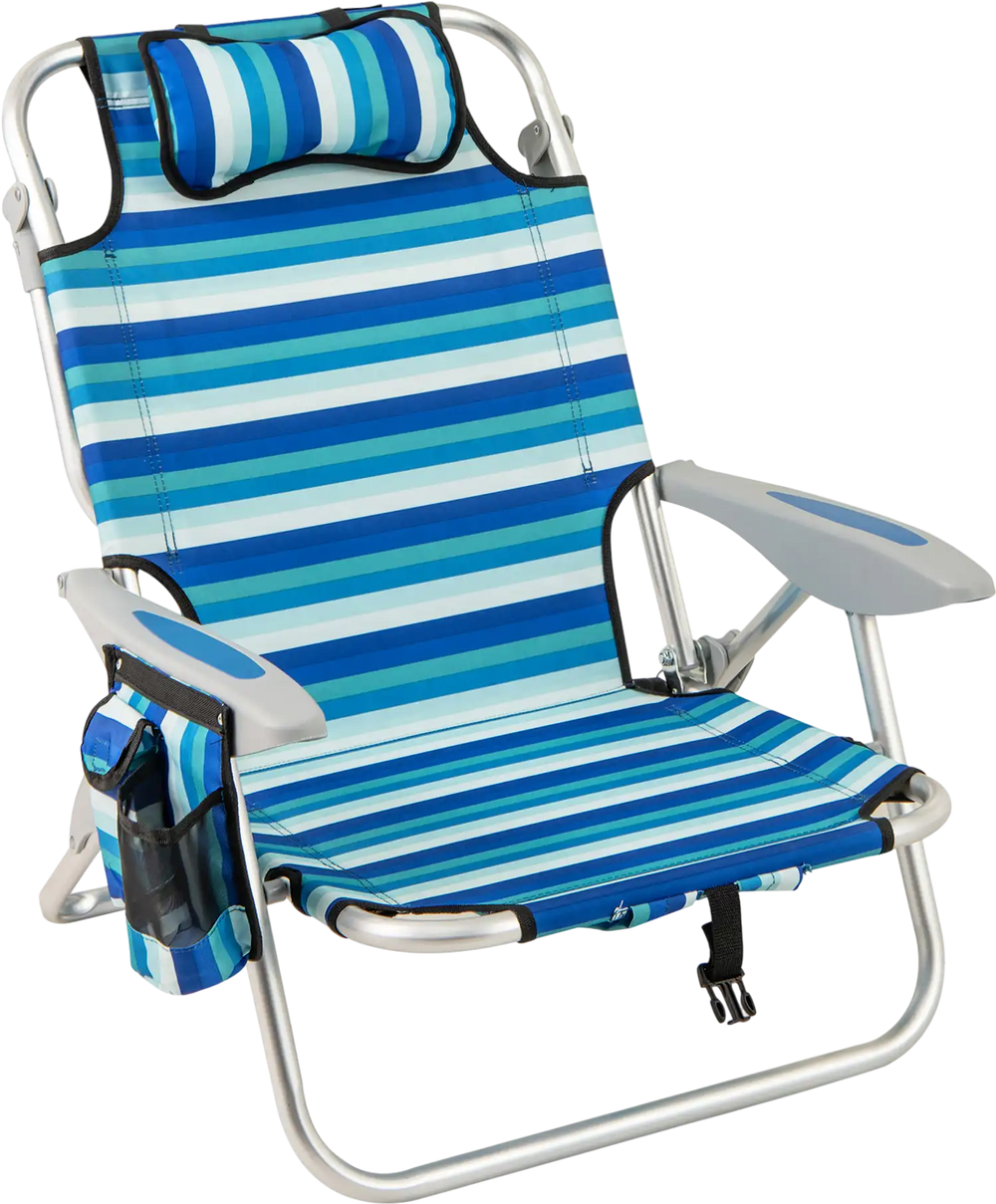 Folding beach chair with adjustable backrest, blue striped fabric, lightweight aluminum frame, perfect for outdoor.