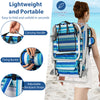 Folding beach chair with adjustable backrest, lightweight aluminum frame, and shoulder straps for easy transport.