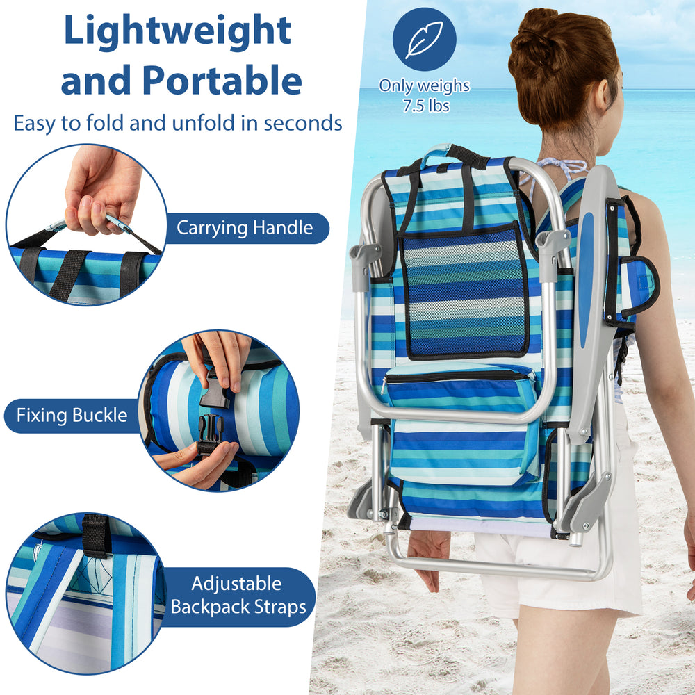 Folding beach chair with adjustable backrest, lightweight aluminum frame, and shoulder straps for easy transport.