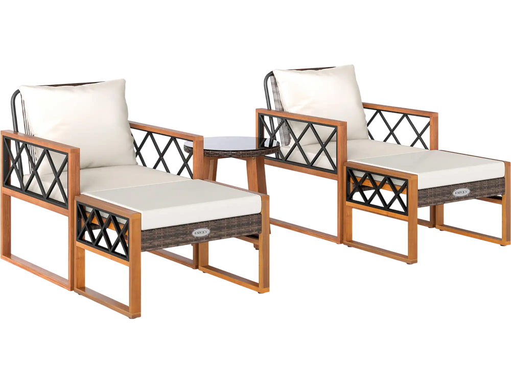 5 Pieces Patio Furniture Set PE Rattan Outdoor Conversation Set with Acacia Wood