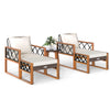 Two cushioned lounge chairs with acacia wood frames and PE rattan, perfect for outdoor patio relaxation.