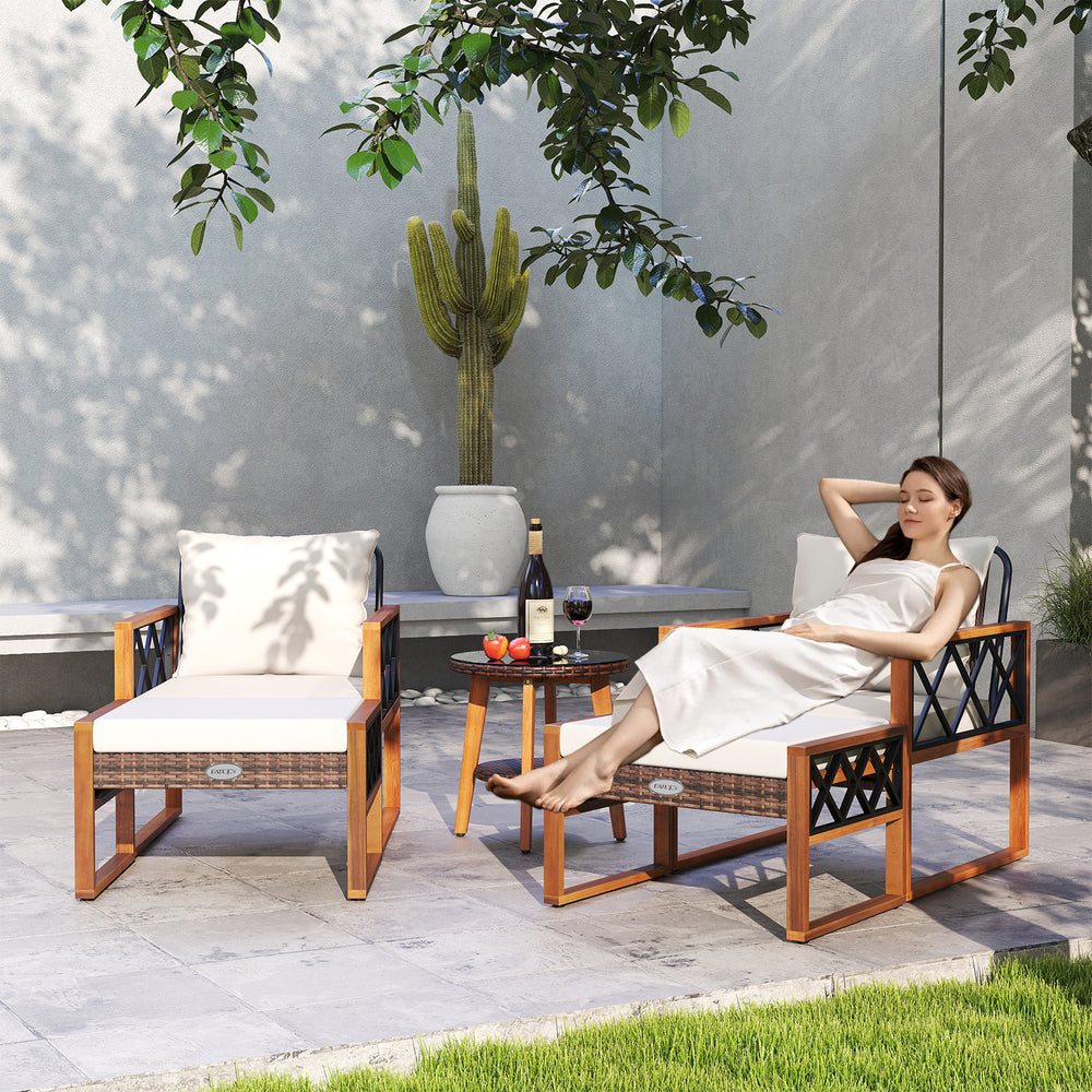 Two armchairs with cushions and a coffee table in a patio setting, featuring PE rattan and acacia wood for outdoor.