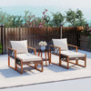 Two cushioned patio chairs with acacia wood frames and a side table, perfect for outdoor relaxation on a balcony.